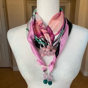 Pink and Green Scarf with Beaded Accents
